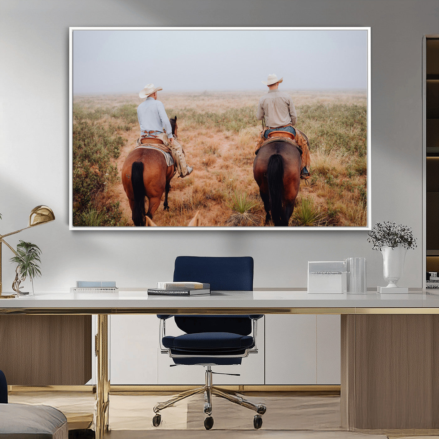 Two cowboys riding horseback through a misty prairie, capturing the rustic and adventurous spirit of the Western frontier.