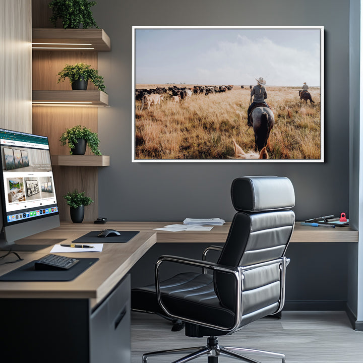 Western Wall Art Wall Art Canvas Print, Framed Cowboy Canvas Art Picture Print, Cattle Drive Scene Perfect Rustic Western Decor Artwork