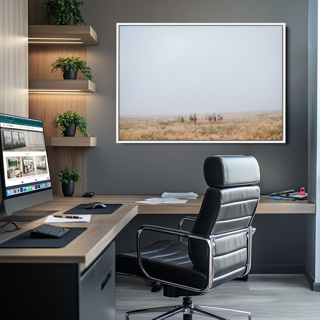 Foggy Plains Wall Art Canvas Print, Framed Horseback Riders Rustic Western Scene