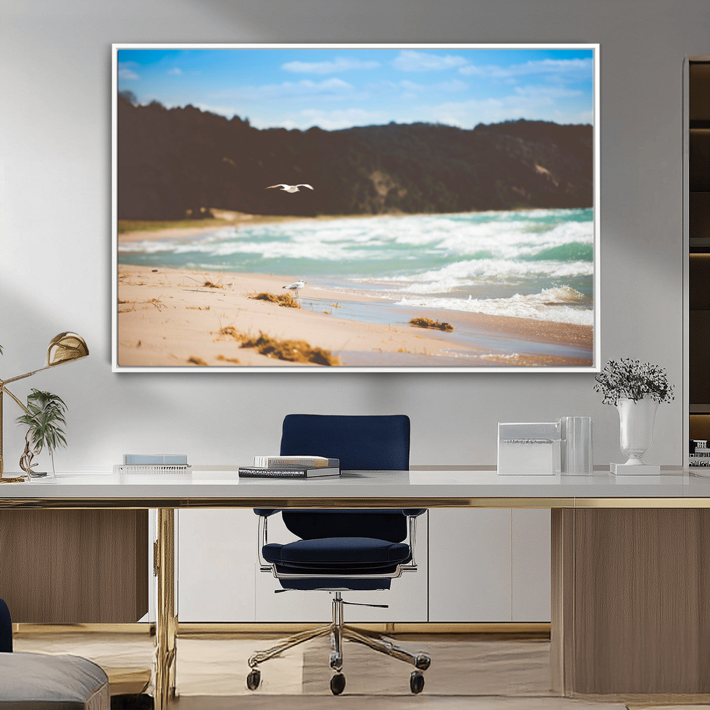 Serene beach scene with gentle ocean waves, sandy shore, and a seagull flying under a blue sky, perfect for coastal and nature-inspired decor.