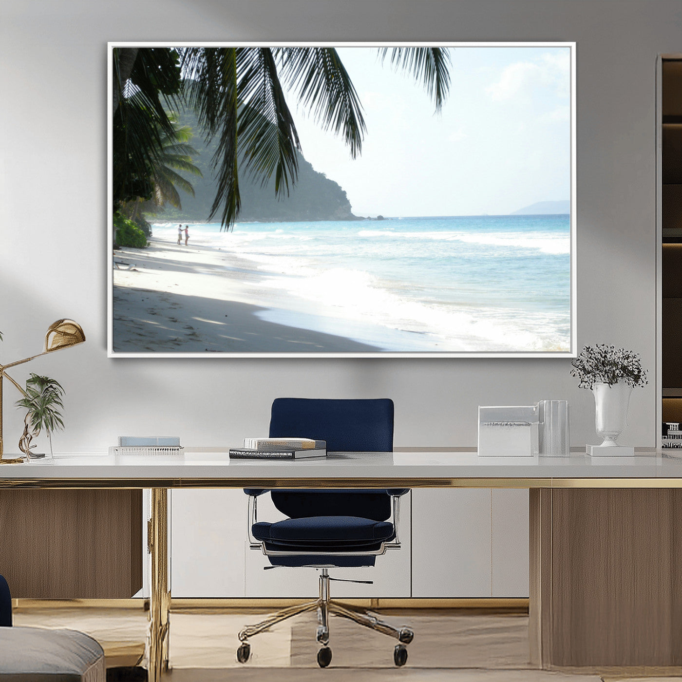 Tropical beach with palm tree shadows, white sand, and turquoise ocean waves, creating a serene and relaxing island escape atmosphere.