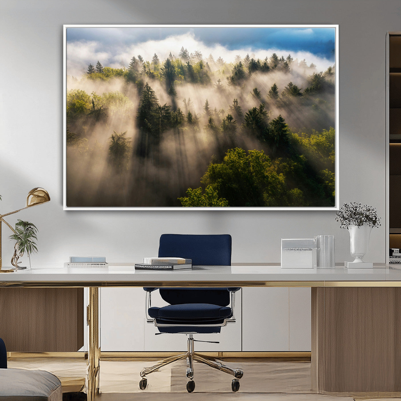 Sunlight streaming through misty pine trees in a lush green forest, creating a serene and atmospheric landscape, perfect for nature-inspired decor.