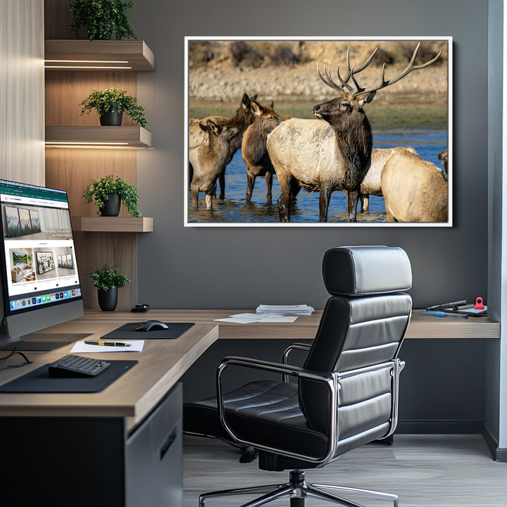 Wild Elk Photography Wall Art Canvas Print, Framed Neutral Wildlife Scene Art Picture Print, Rustic Animal Print Perfect Rustic Farmhouse