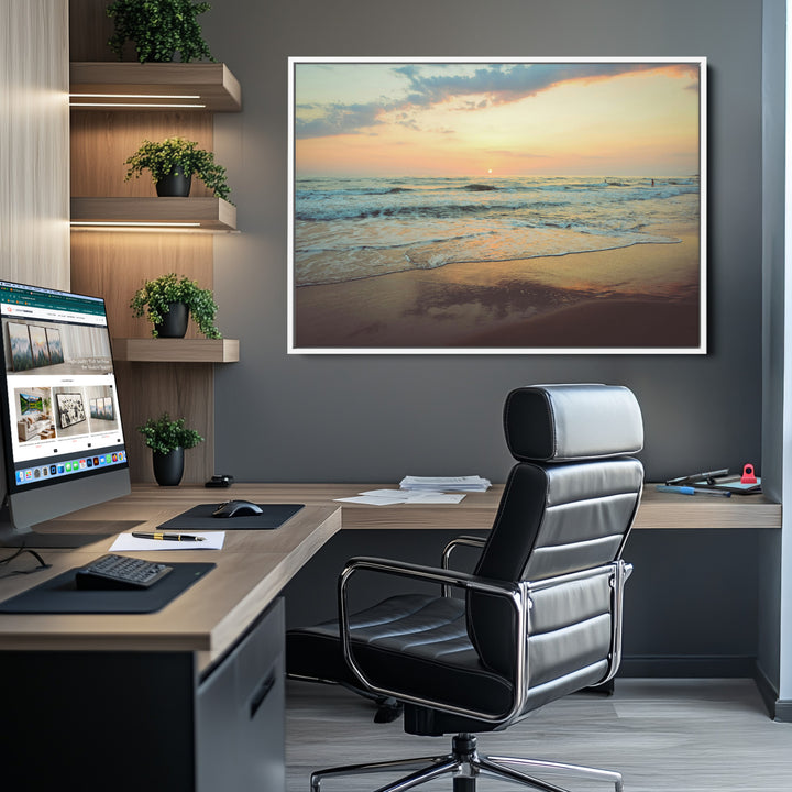 Sunset Seascape Wall Art Canvas Print, Framed Pastel Ocean View Art Picture Print, Tranquil Shoreline Perfect Boho Coastal Decor Artwork