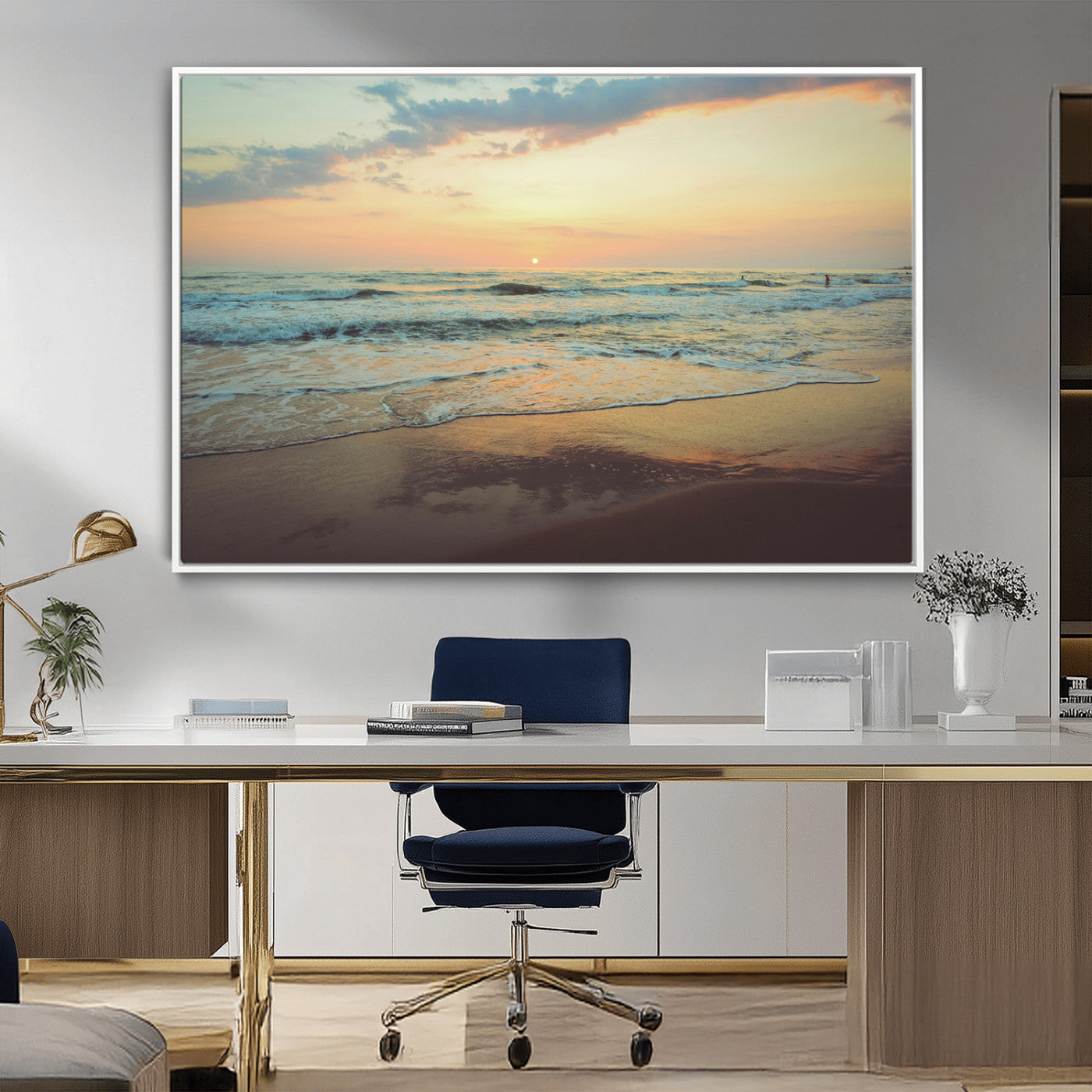 Warm sunset over gentle ocean waves with pastel sky and reflections on wet sand, creating a calm and soothing beach ambiance.