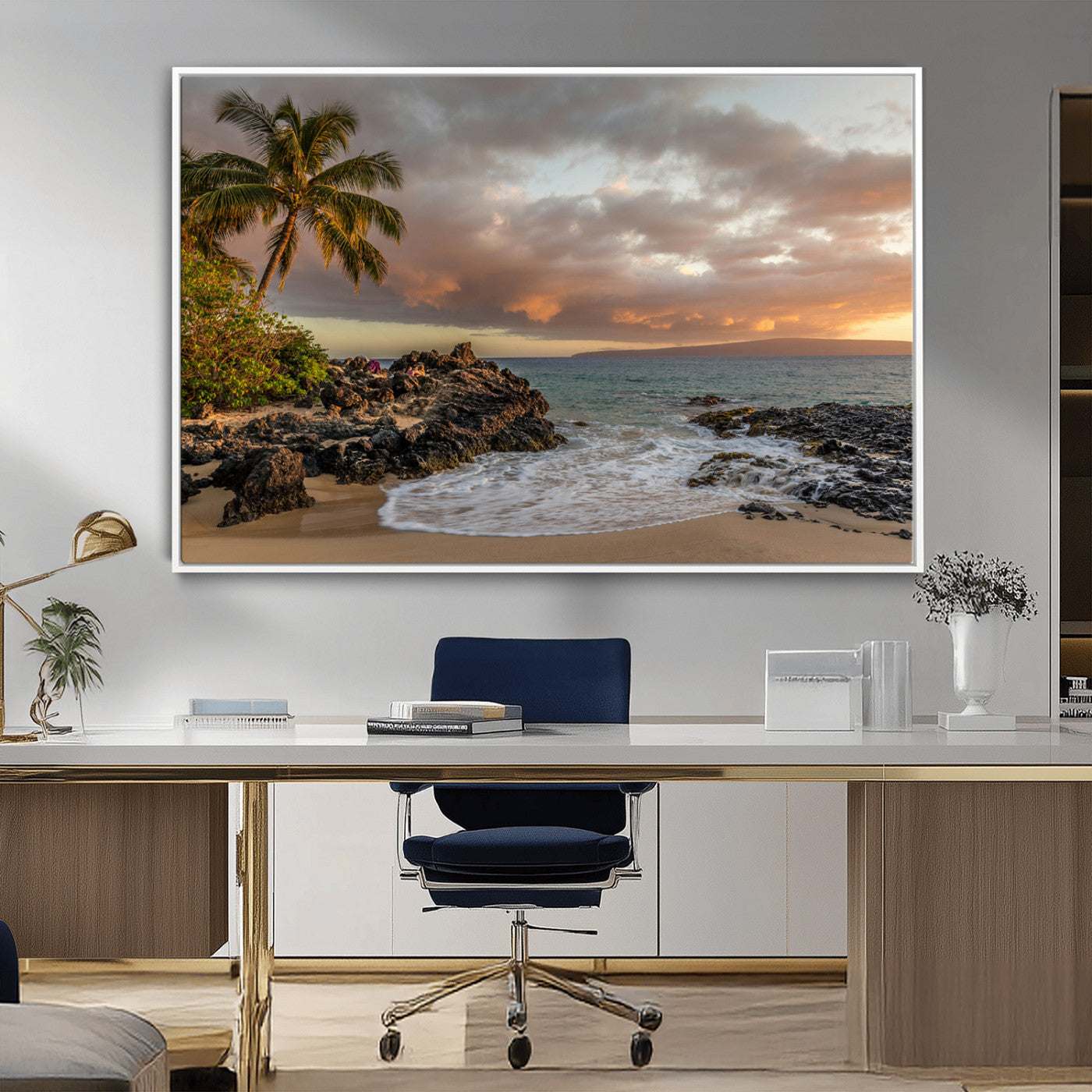 Golden sunset over a tropical beach with palm trees, rocky shoreline, and gentle ocean waves, perfect for coastal and island-inspired decor.