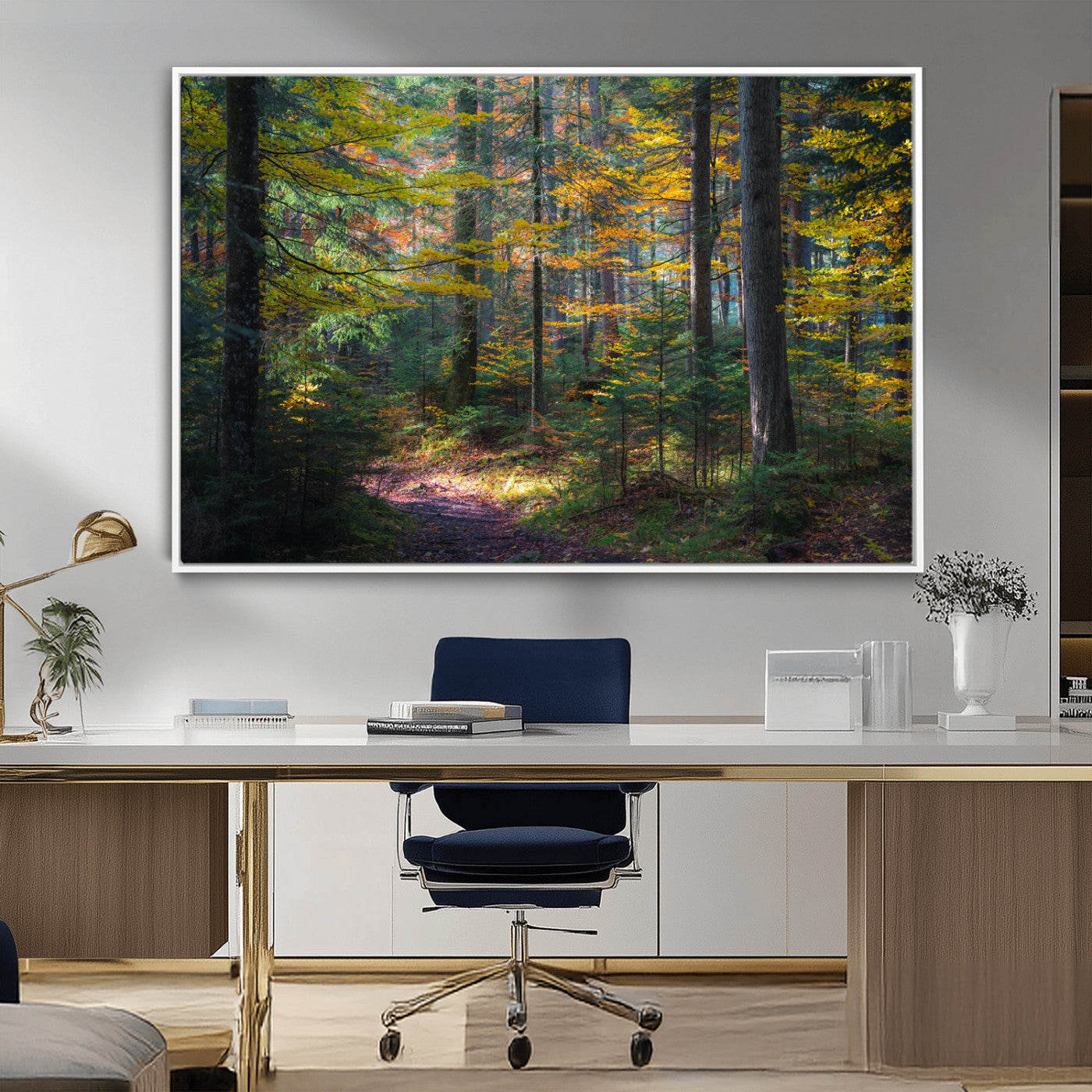 A serene autumn forest with golden and green leaves, a misty atmosphere, and a sunlit pathway, creating a tranquil nature-inspired wall art piece.