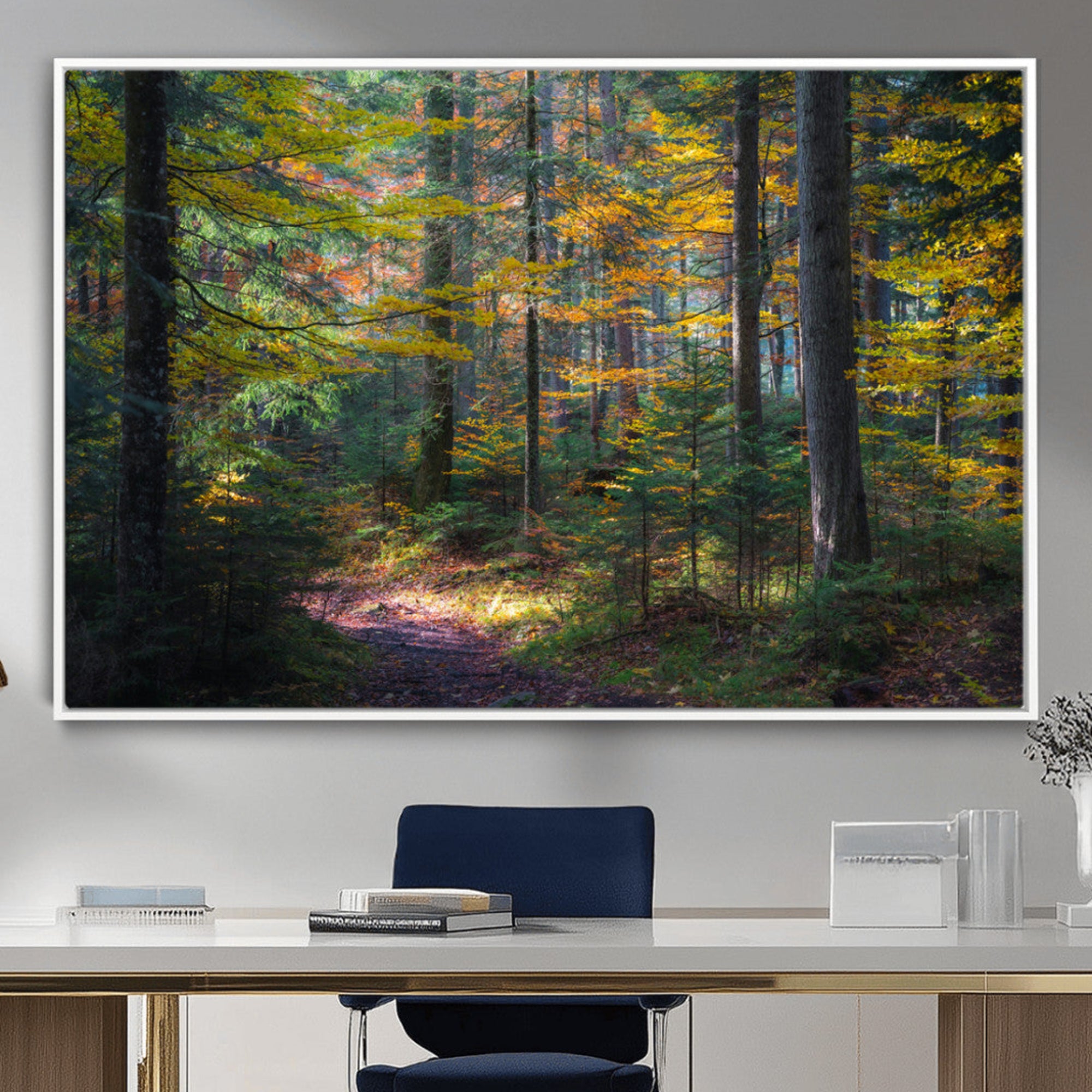 A serene autumn forest with golden and green leaves, a misty atmosphere, and a sunlit pathway, creating a tranquil nature-inspired wall art piece.