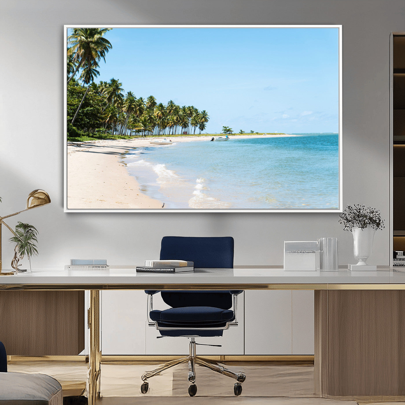 A serene tropical beach with clear blue water, soft sand, and lush palm trees under a bright sky, creating a peaceful island paradise atmosphere.