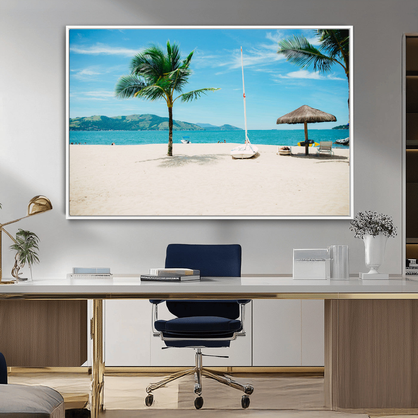 Tropical beach scene with palm trees, a white sailboat, and turquoise ocean waters under a bright blue sky, creating a peaceful summer vibe.