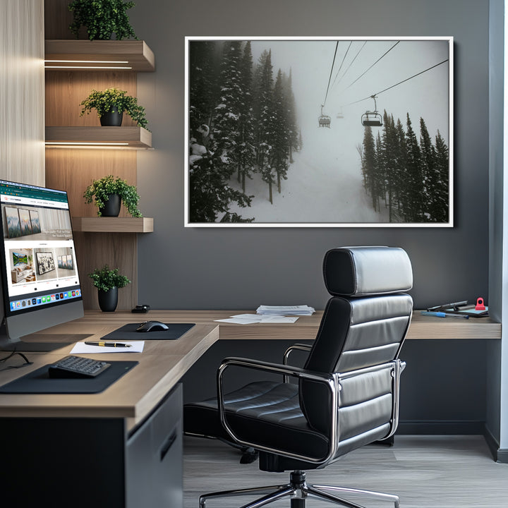 Ski Lift Wall Art Canvas Print, Framed Snowy Pines Art Picture Print, Misty Landscape Perfect Winter Serenity Decor Artwork