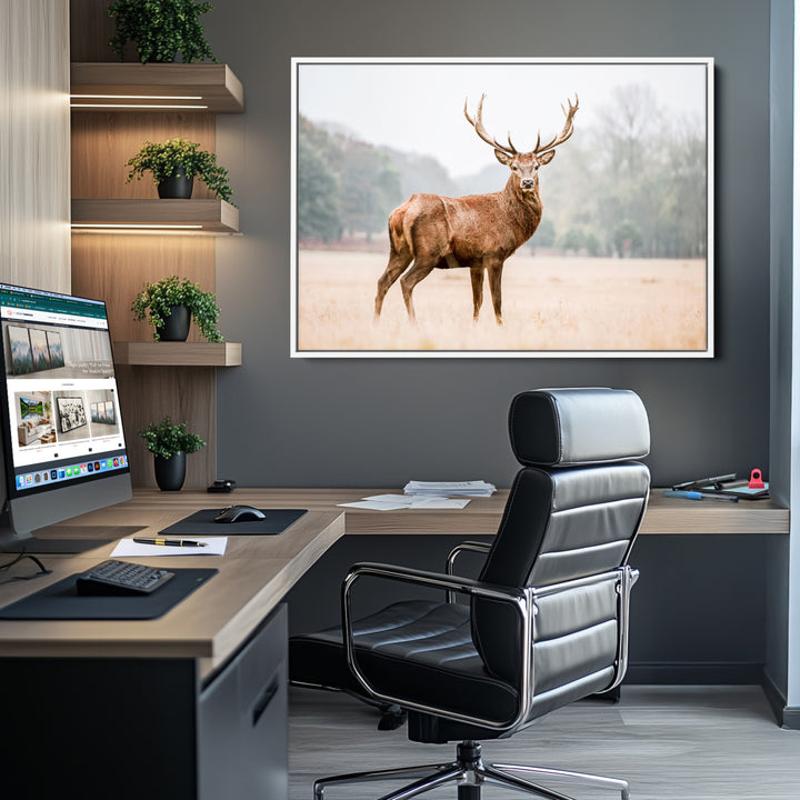 Vintage Wildlife Canvas Print, Framed Misty Landscape Art Picture Print, Deer Wall Art Perfect Rustic Wildlife Decor Artwork