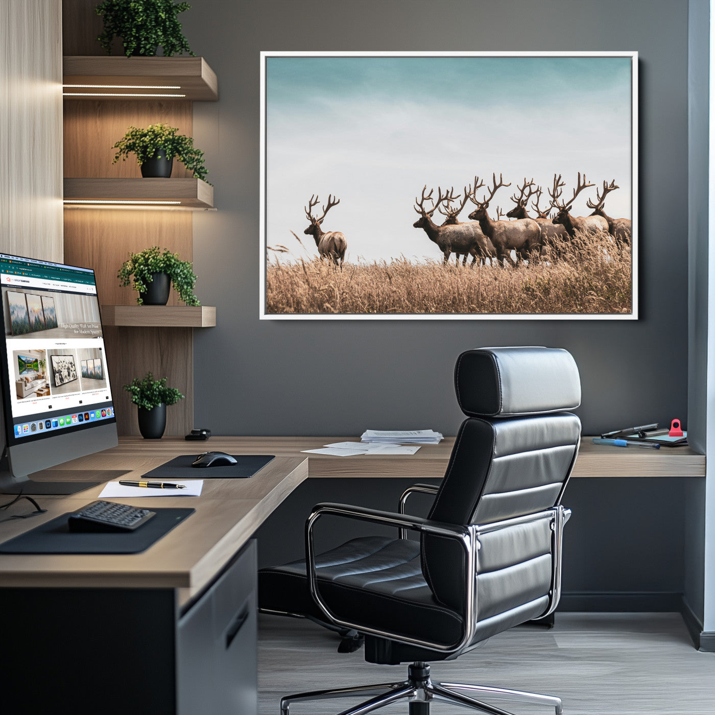 Elk Herd Wall Art Canvas, Antler Canvas Print, Framed Wildlife Photography Art Picture Print, Rustic Nature Print Perfect Rustic Wildlife