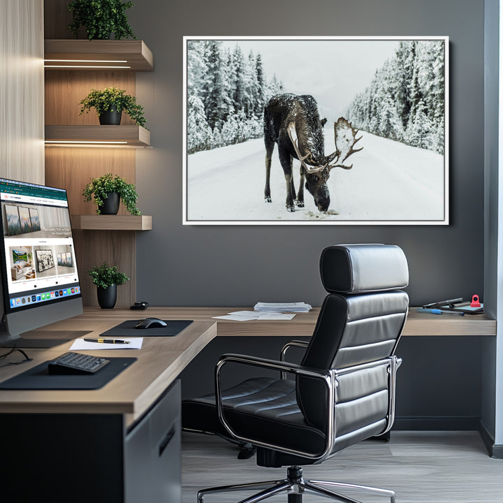Moose in Snow Wall Art Canvas Print, Framed Winter Wildlife Art Picture Print, Snowy Forest Scene Perfect Rustic Lodge Decor Artwork