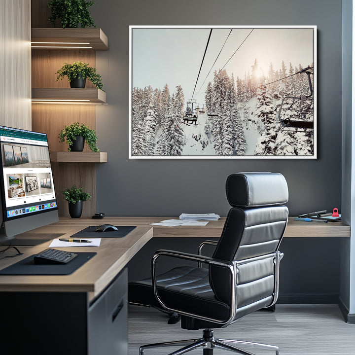 Frosty Pines Wall Art Canvas Print, Framed Cozy Cabin View Art Picture Print, Ski Lift Ride Perfect Rustic Lodge Decor Artwork