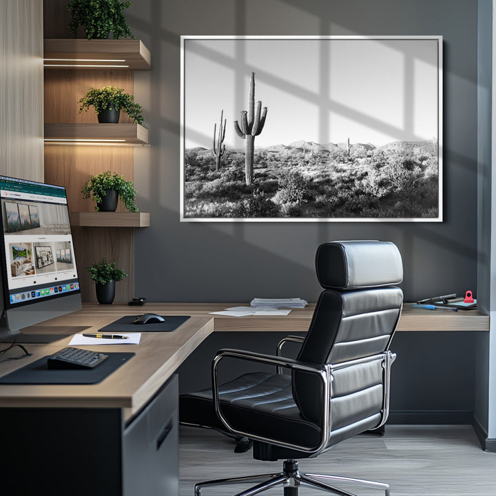 Saguaro Cactus Canvas Print Wall Art , Monochrome Landscape Print, Framed Scenic Arizona Art Print, Large Timeless Western Aesthetic