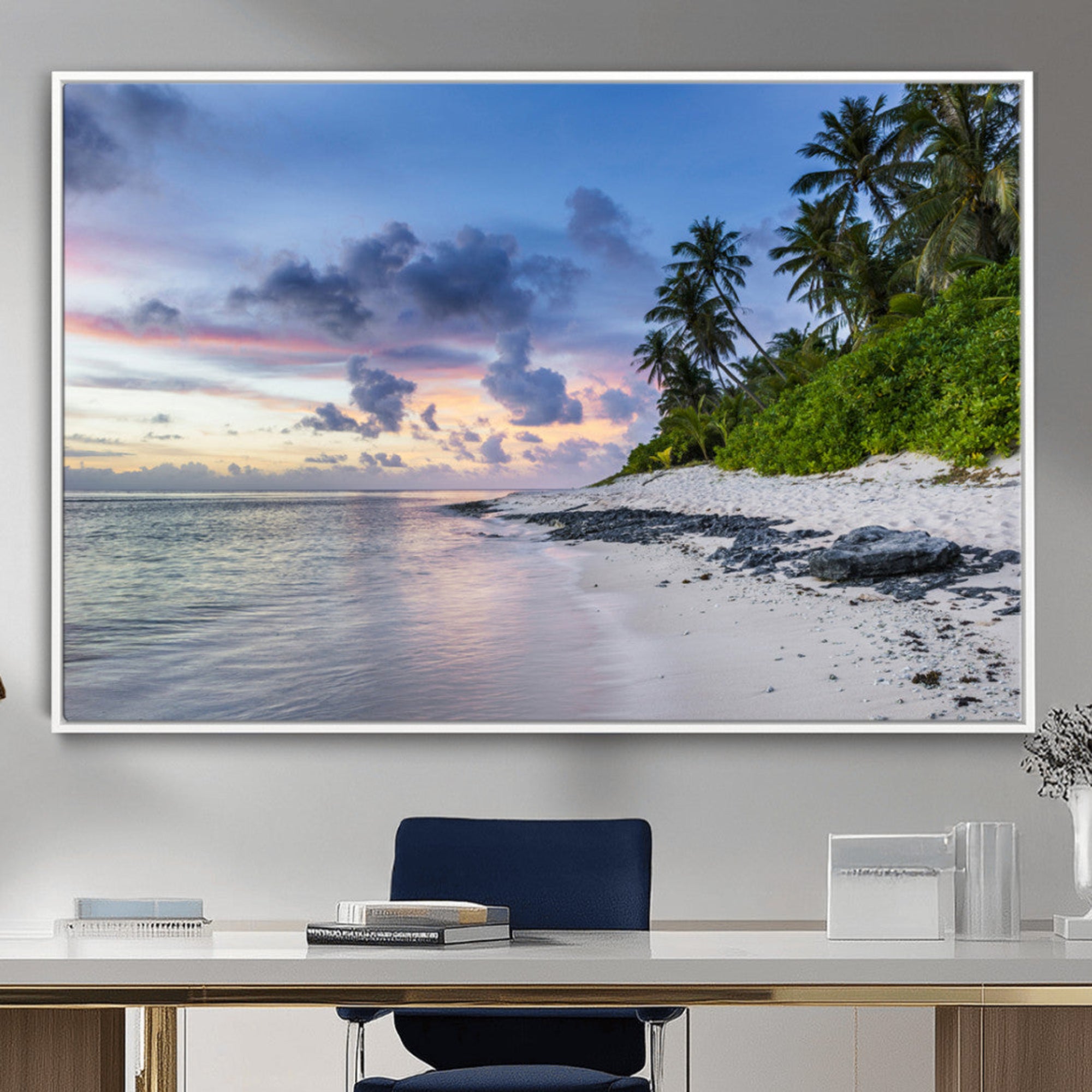 75045485-MGV-CV-36X24-Tropical Beach Wall Art Canvas Print – Framed Sunset Glow Palm Tree Coast Tropical Coastal Landscape Artwork for Home, Office