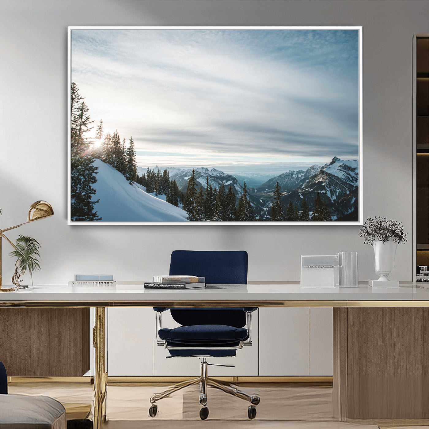 MGV-FC-36X24 - Snowy Mountains Wall Art Canvas Print, Framed Alpine Landscape Art Picture Print, Frosty Peaks Perfect Nordic Minimalist Decor Artwork