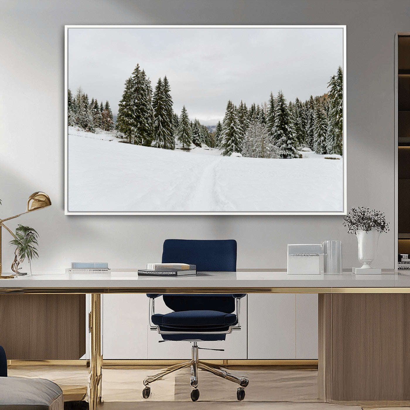MGV-FC-36X24 - Frosty Pines Wall Art Canvas Print, Framed Silent Snowfall Art Picture Print, Cozy Cabin Vibes Perfect Nordic Minimalist Decor Artwork