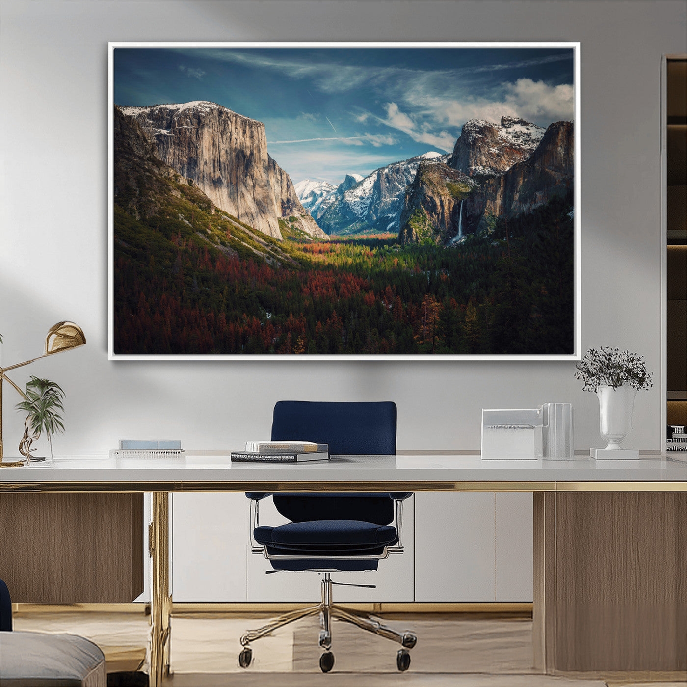 Framed canvas print of Yosemite National Park, featuring El Capitan and a scenic waterfall, ideal for rustic farmhouse or adventure-themed home decor.
