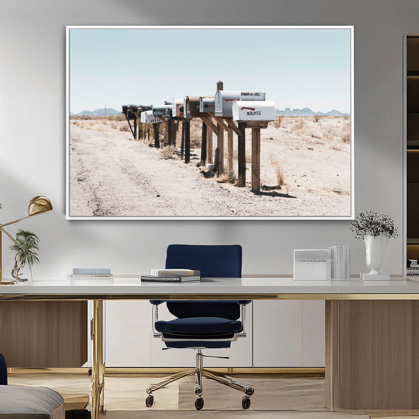 MGV-FC-36X24 - Desert Mailboxes Canvas Print – Minimal Western Landscape Photography, Rustic Americana Wall Art for