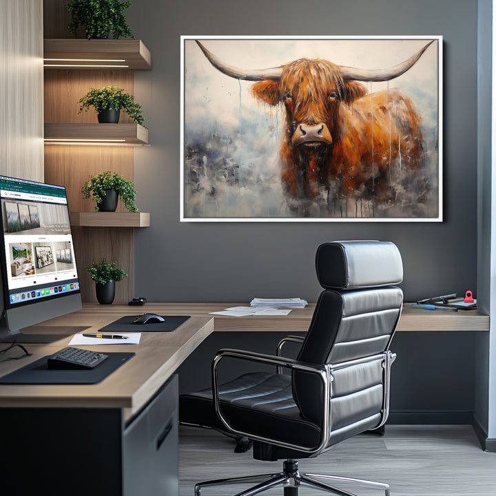 Scottish Highland Wall Art Canvas Print, Framed Longhorn Art Picture Print, Western Cow Perfect Farmhouse Decor Artwork