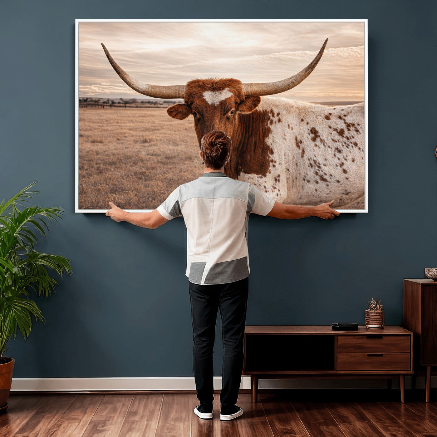 95745718-MGV-CV-36X24 - Longhorn Cow Wall Art – Texas Bull Canvas Print, Rustic Farm Cattle Photography, Western Animal Decor for Country Home, Living Room or Game Room