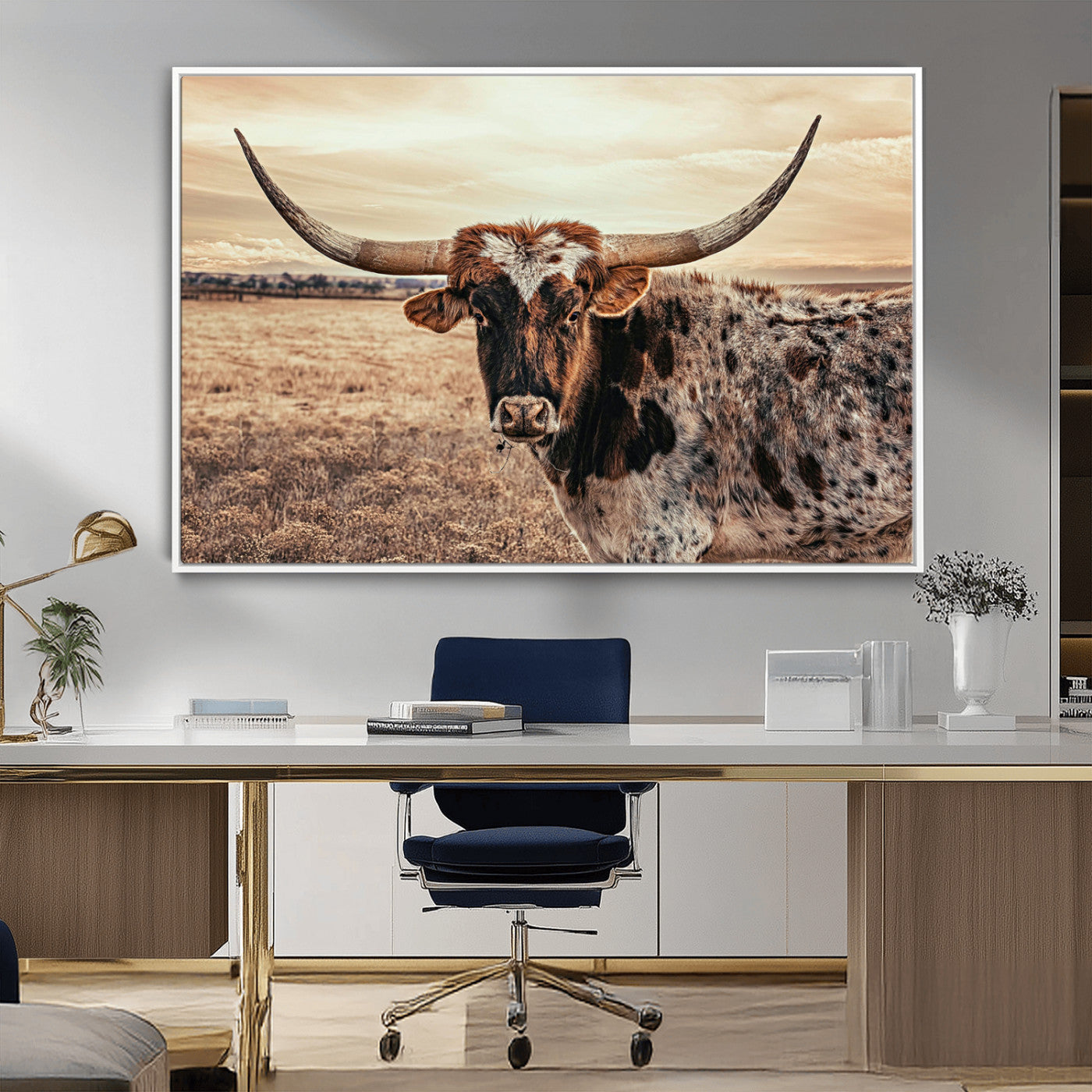 Close-up of a longhorn cow with distinctive curved horns standing in a dry grass field under a cloudy sky.