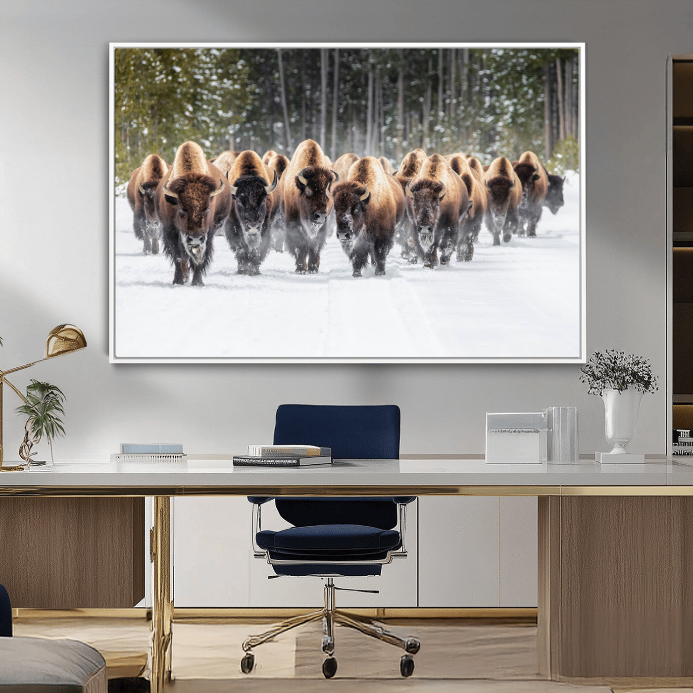 American Bison Herd in Snow Wall Art Canvas Print – Powerful Winter Wildlife Scene with Buffalo in Motion, Perfect for Rustic Lodge or Western Cabin Decor