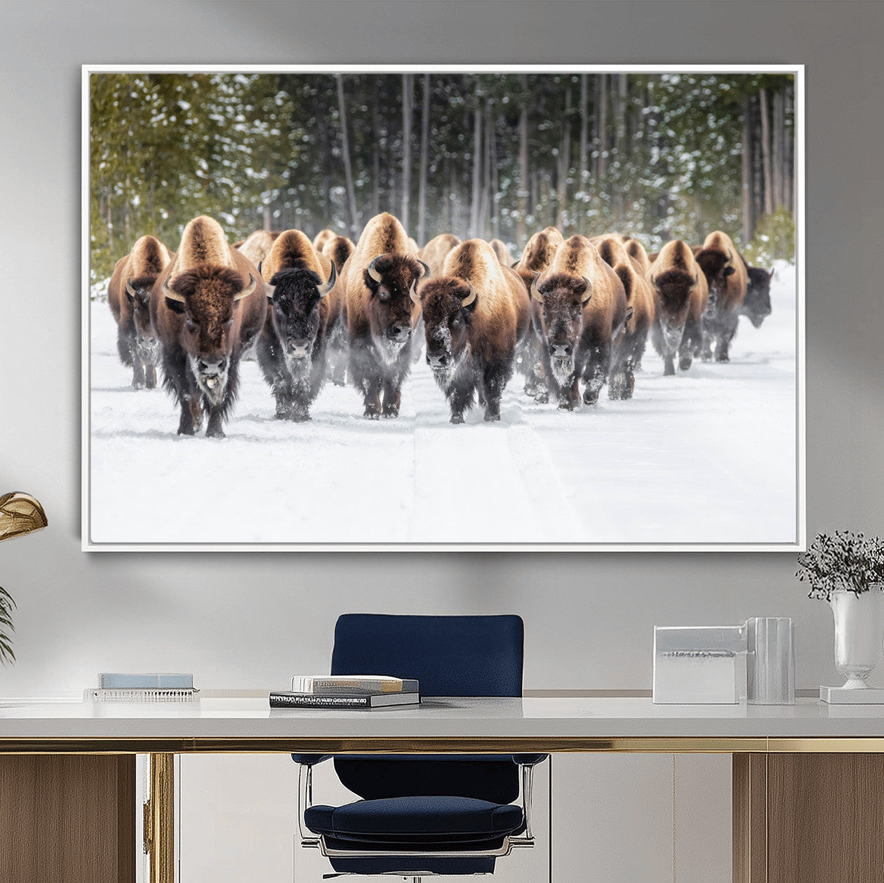 96906195-MGV-FC-36X24 - American Bison Herd Snow Canvas Wall Art – Powerful Winter Wildlife Print of Buffalo Motion, Rustic Lodge or Western Cabin Decor for Living Room, Office