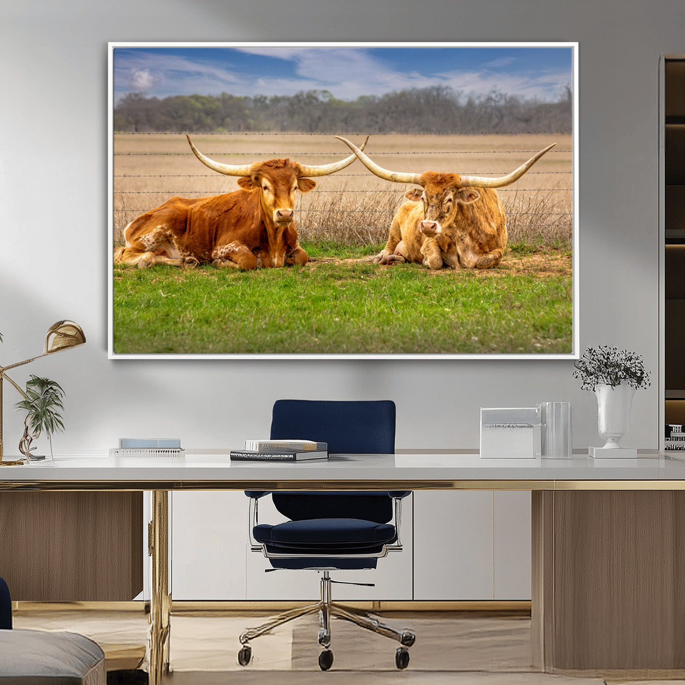 54598515-MGV-CV-36X24-Texas Longhorn Pair Wall Art Canvas Print – Peaceful Rustic Ranch Scene with Two Cattle in Field, Perfect for Western Farmhouse Home Decor