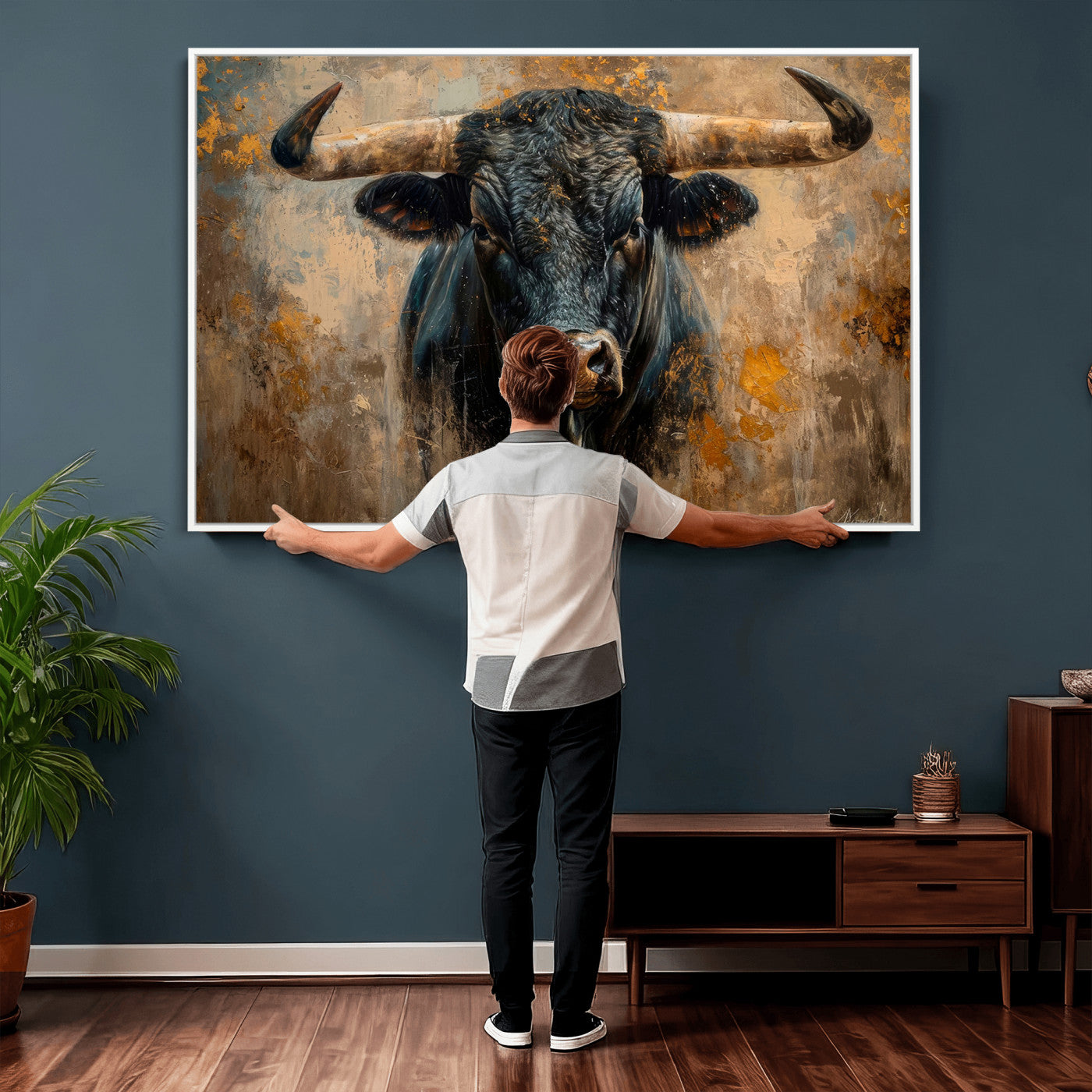 91615410-MGV-CV-36X24 - Abstract Texas Longhorn Bull Wall Art – Rustic Farmhouse Canvas Print, Western Cabin Style Decor, Large Animal Artwork for Living Room or Office