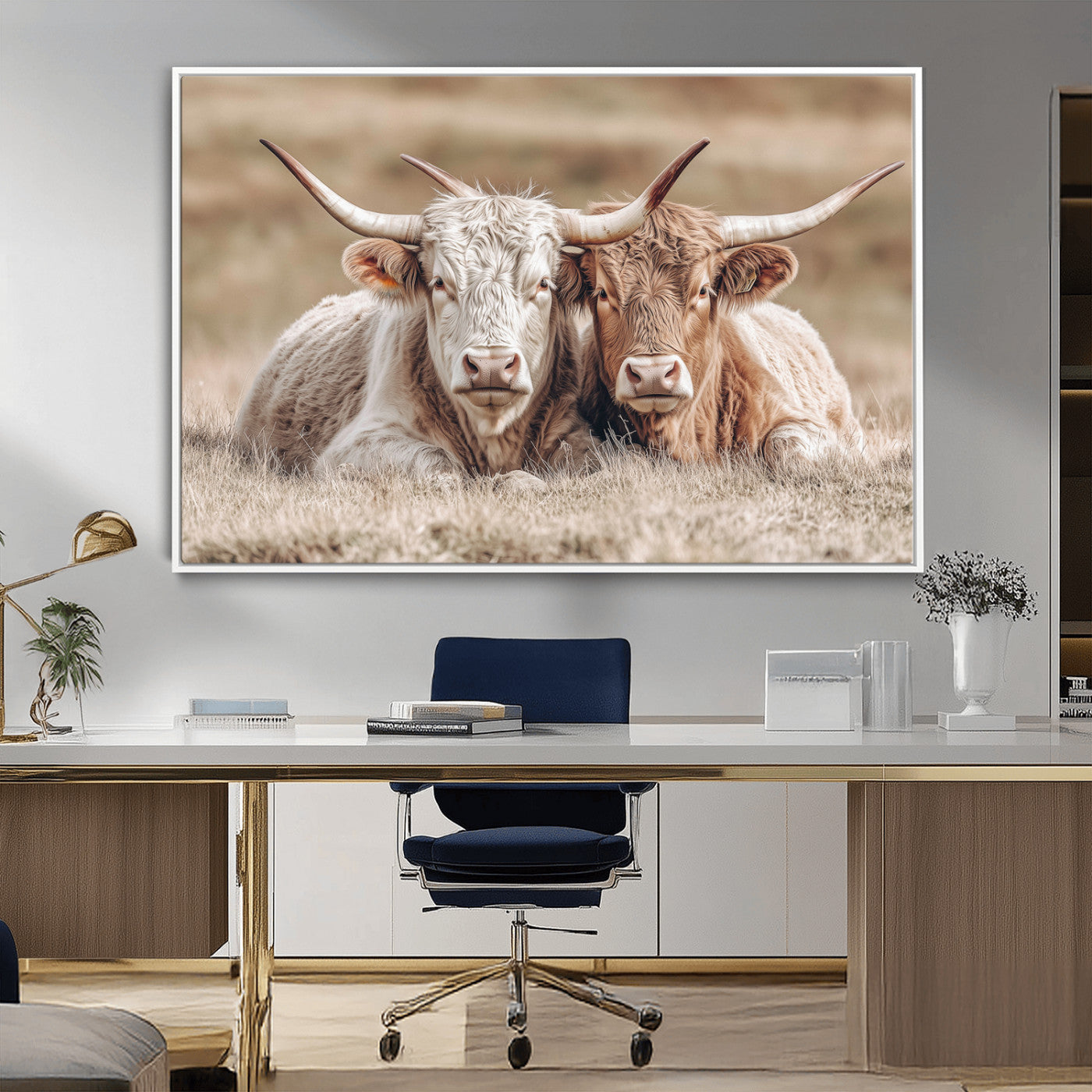 Two Highland cows with long horns lying side by side on a grassy field, featuring soft natural tones and a calm rural setting.