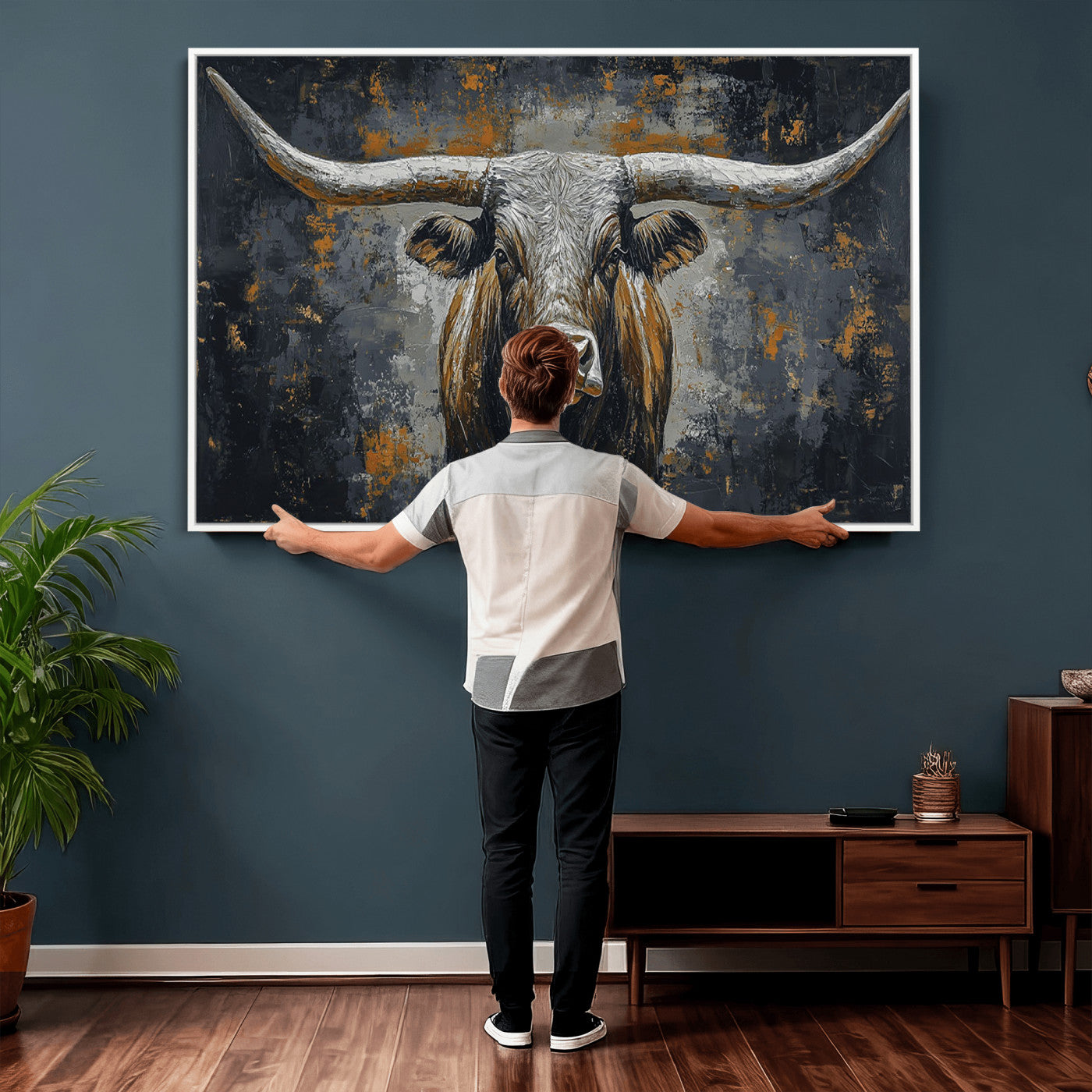 73972561-MGV-CV-36X24 - Bold Bull Wall Art Canvas – Striking Portrait with Wide Horns and Rich Brown Hues, Rustic Farmhouse and Western Decor for Home Room