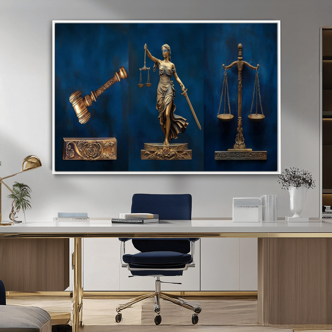 MGV-FC-36X24 - Lady Justice Wall Art Canvas Print – Elegant Gold Legal Symbols on Blue Background, Perfect for Law