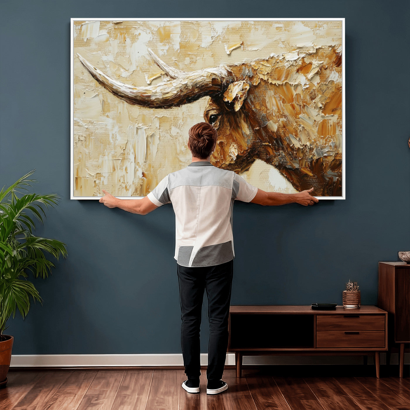 69611428-MGV-CV-36X24 - Rustic Longhorn Bull Wall Art Canvas Print – Vintage Western Cattle Painting, Texas Abstract Wall Cow Prints
