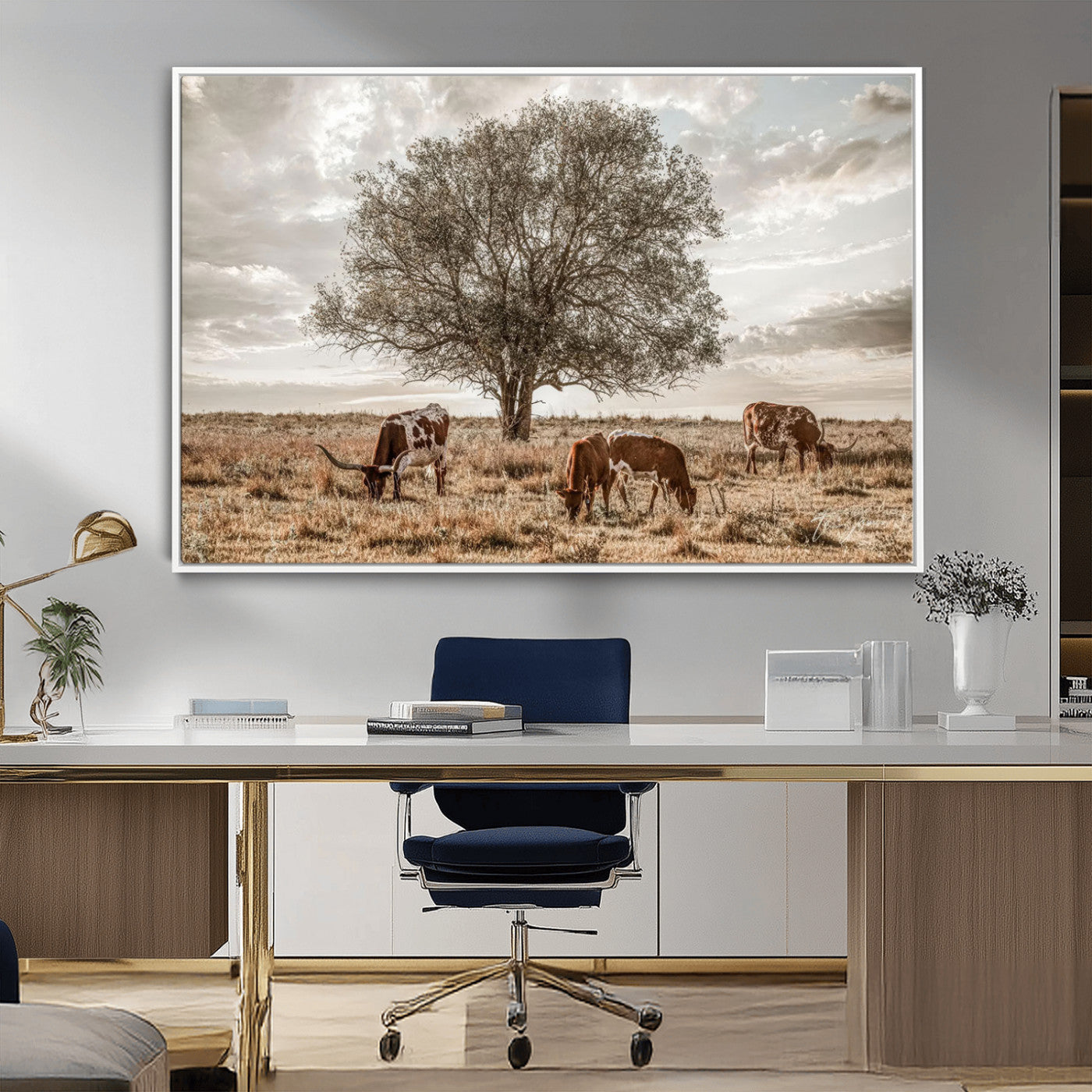 Texas Longhorn Cattle Wall Art Canvas Print – Rustic Western Ranch Scene with Steers at Sunset, Perfect for Farmhouse or Cowboy Decor
