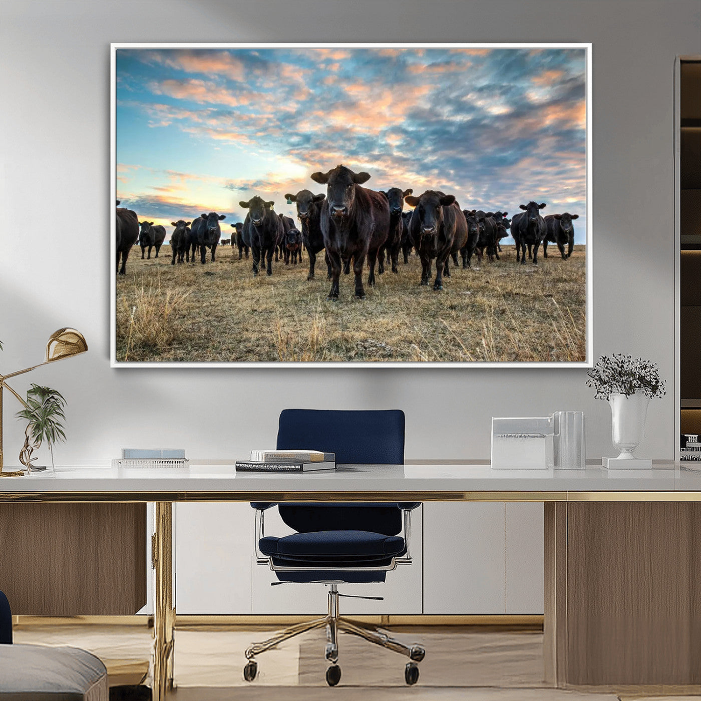 13867292-MGV-CV-36X24-Texas Longhorn Cattle Wall Art Canvas Print – Rustic Western Ranch Scene with Steers at Sunset, Perfect for Farmhouse or Cowboy Decor