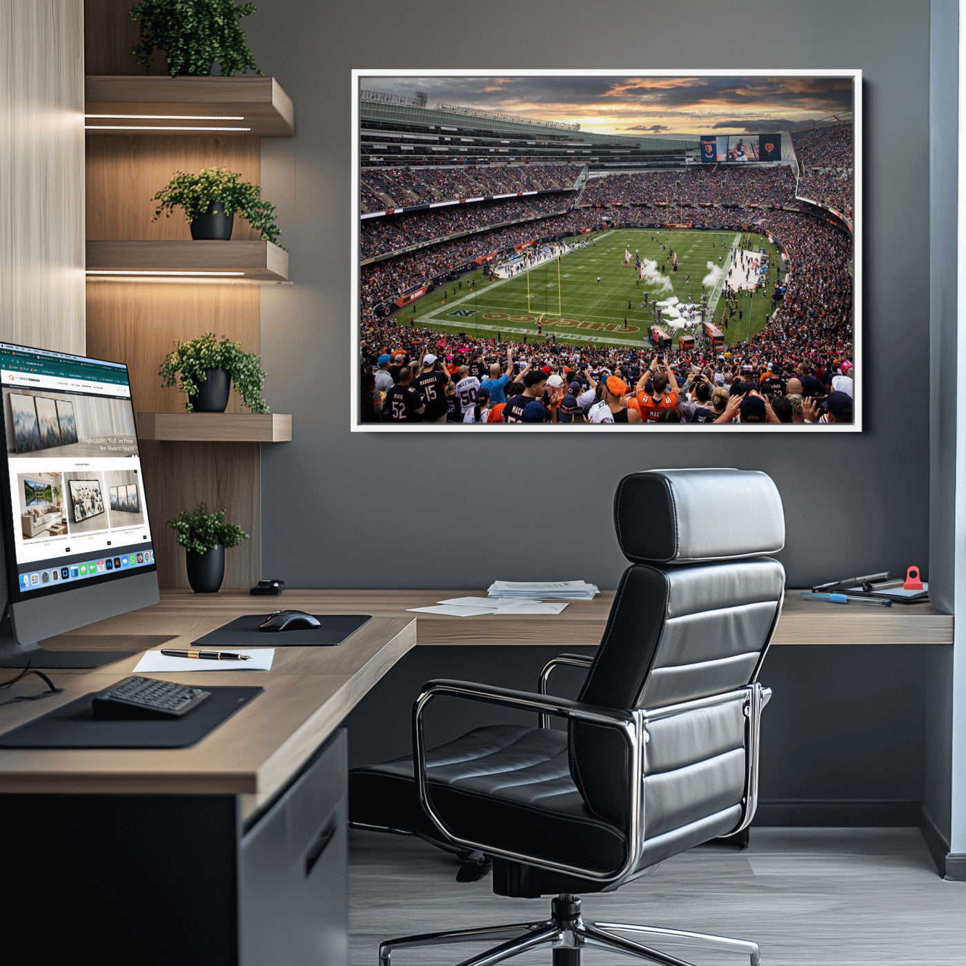 87578930-MGV-CV-36X24-Chicago Bears Soldiers Field Wall Art Canvas Print – Framed Football Stadium Artwork for Sports Fans, Soldier Field Skyline Canvas Decor for Game Room or Man Cave