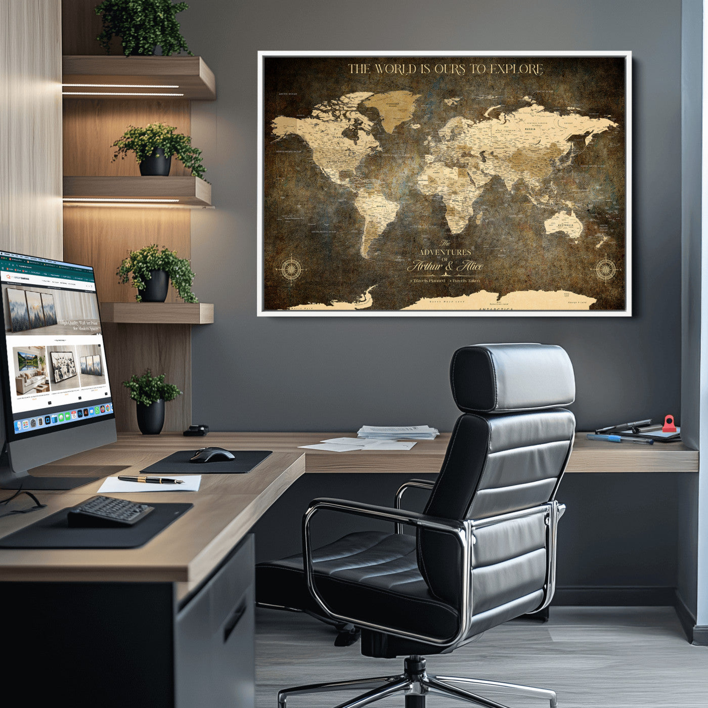 76675404-MGV-CV-36X24-Framed Push Pin World Travel Map – Canvas Wall Art for Tracking Adventures, Decorative Vintage Style Map with Pins for Home or Office - H1