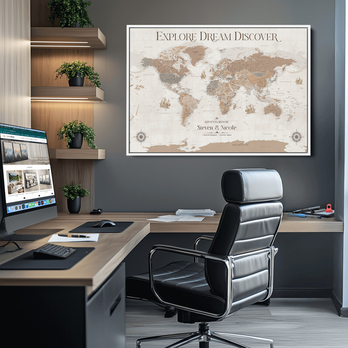 95738134-MGV-CV-36X24-Custom Push Pin World Map Wall Canvas Print – Personalized Travel Tracker with Pins – Framed Large Multi-Size Canvas for Home Office Decor