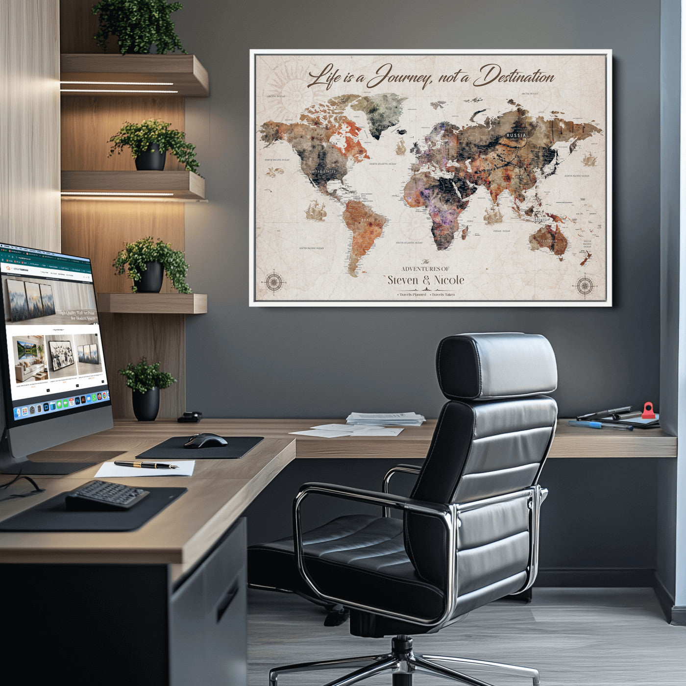 96000140-MGV-CV-36X24-Custom Push Pin World Map Wall Canvas Print – Personalized Travel Tracker with Pins – Framed Large Multi-Size Canvas for Home Office Decor
