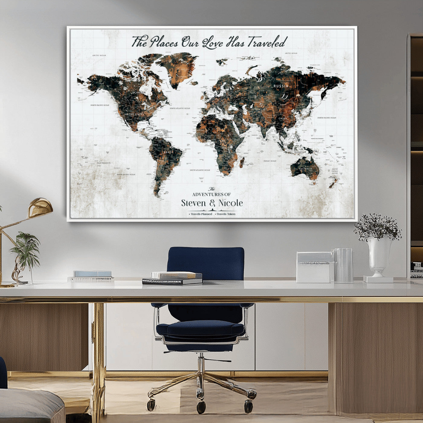 89231588-MGV-CV-36X24-World Travel Map with Pins – Framed Canvas Print to Track Adventures and Create a Visual Travel Journal, Ideal Wall Art for Home - H17