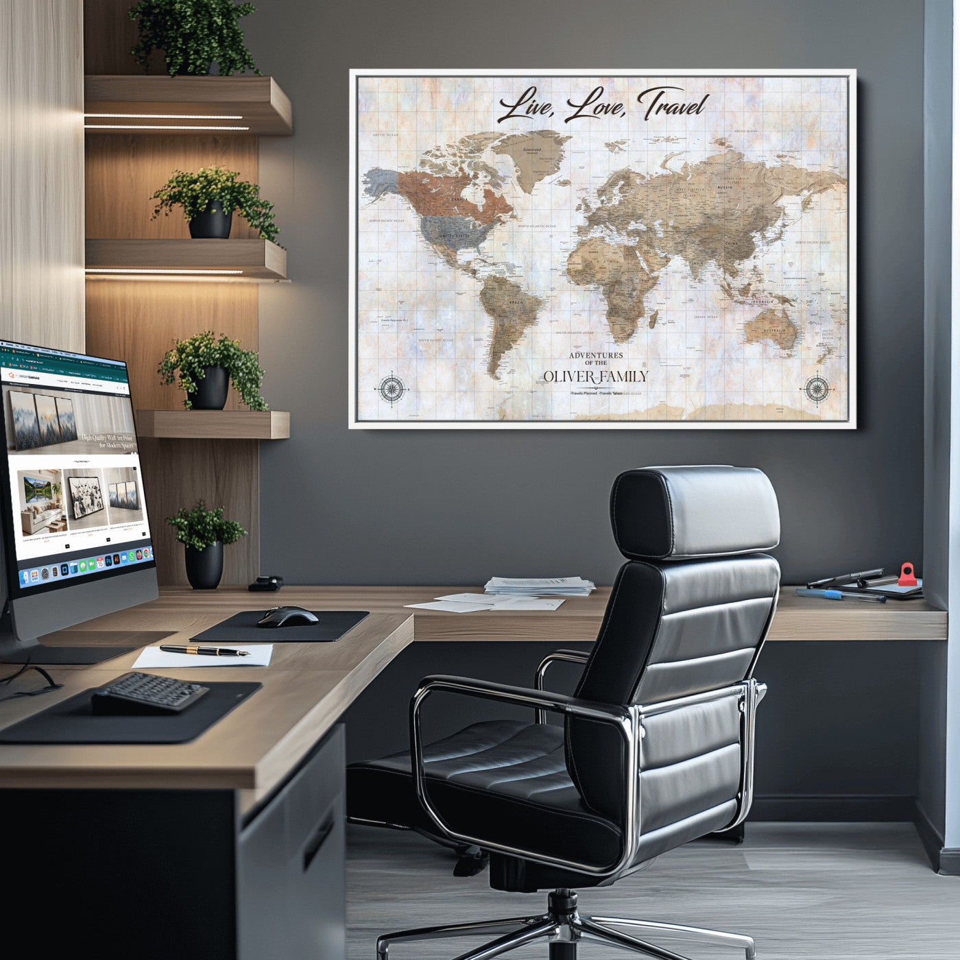76256172-MGV-CV-36X24-Custom Push Pin World Map Wall Canvas Print – Personalized Travel Tracker with Pins – Framed Large Multi-Size Canvas for Home Office Decor