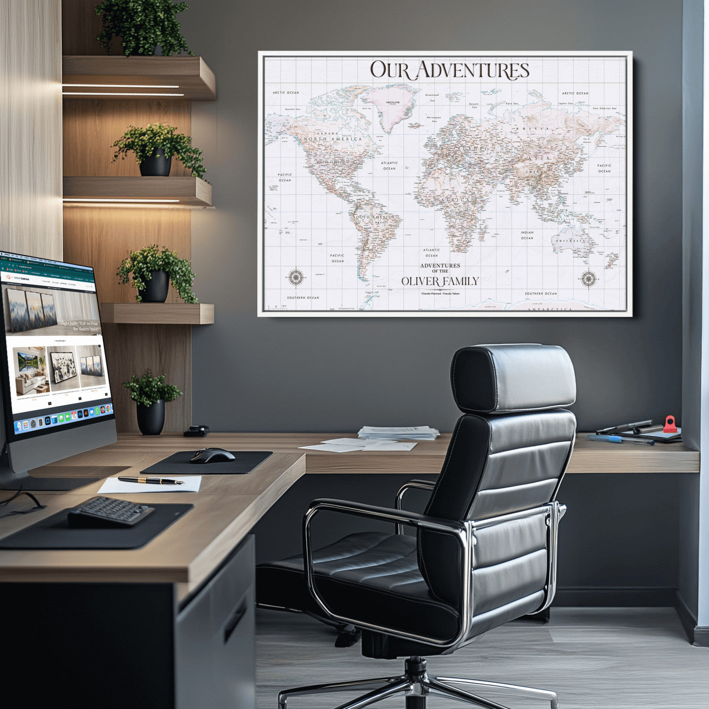 40041157-MGV-CV-36X24-Custom Push Pin World Map Wall Canvas Print – Personalized Travel Tracker with Pins – Framed Large Multi-Size Canvas for Home Office Decor