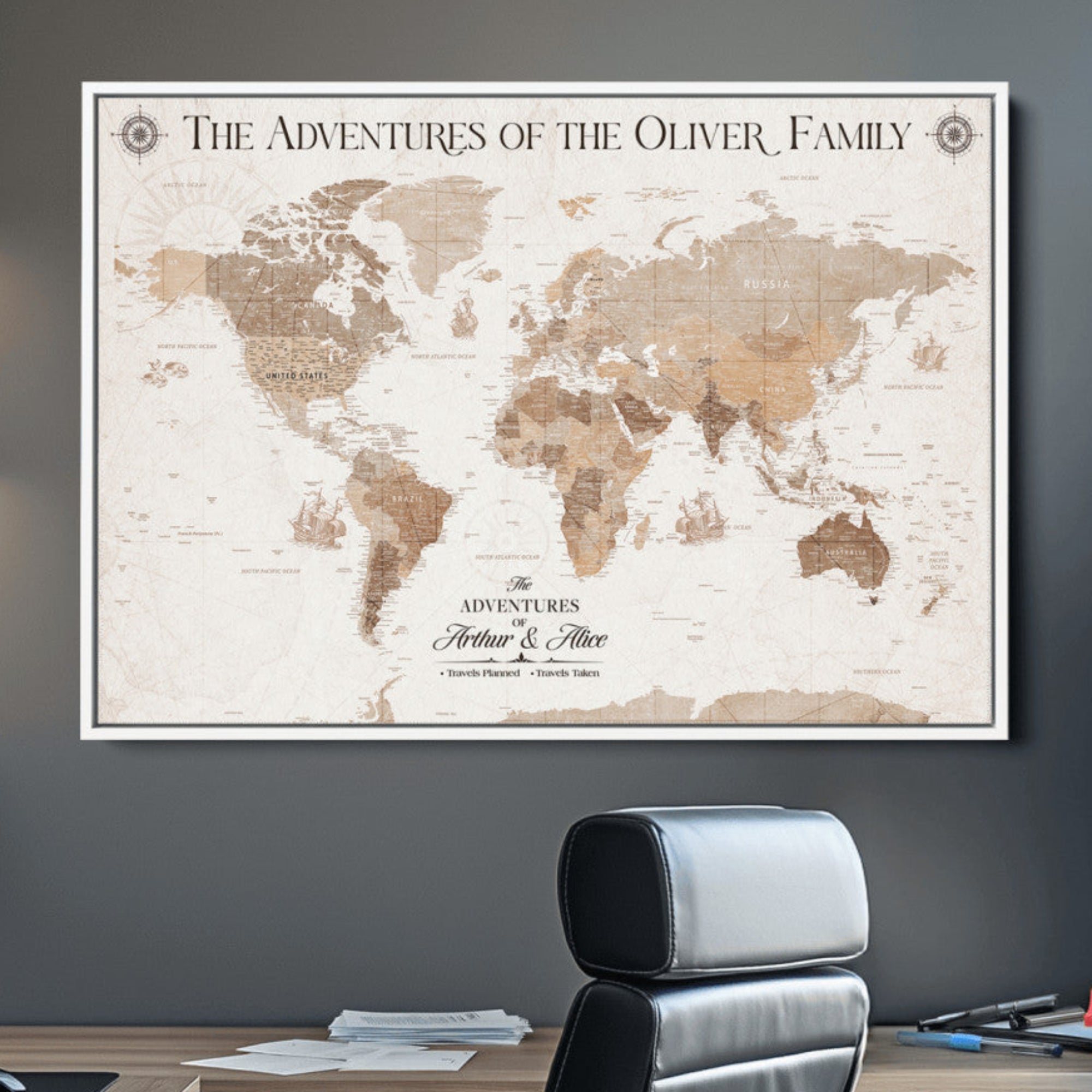 -Personalized Push Pin World Map Canvas – Custom Framed Travel Tracker Wall Art, Large Adventure Map with Pins for Home, Office