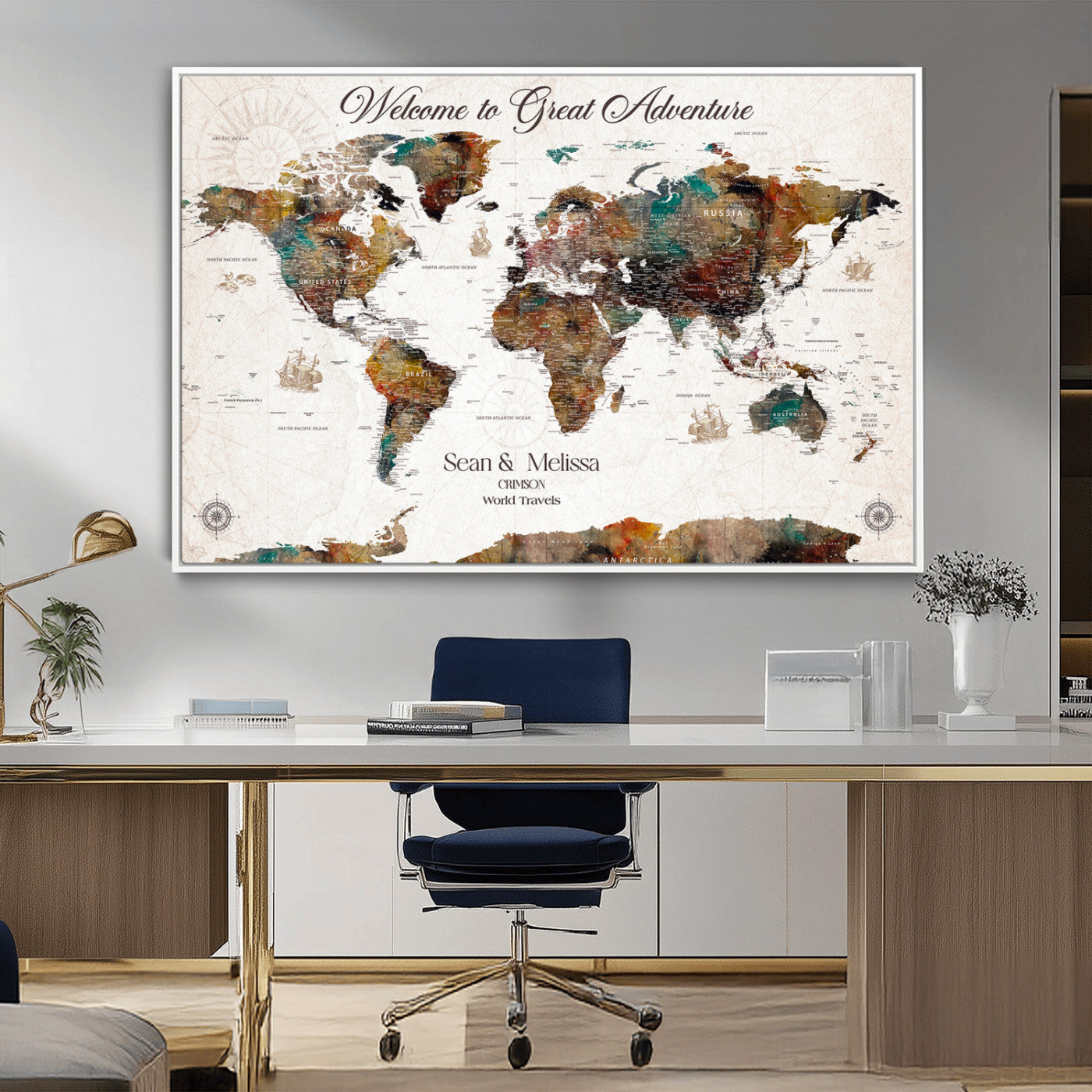 92462592-MGV-CV-36X24-Customize Push Pin World Map Wall Canvas Print – Personalizable Travel World Map with Pins – Framed Personalized Map Print for Couple Gift - H31