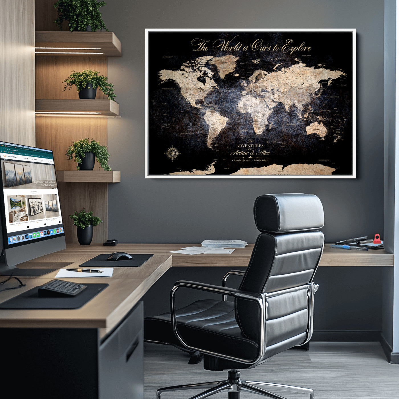 21010471-MGV-CV-36X24-Customize Push Pin World Map Wall Canvas Print, Personalized Travel Tracker with Pins, Framed Large Canvas for Home Office Decor - H37