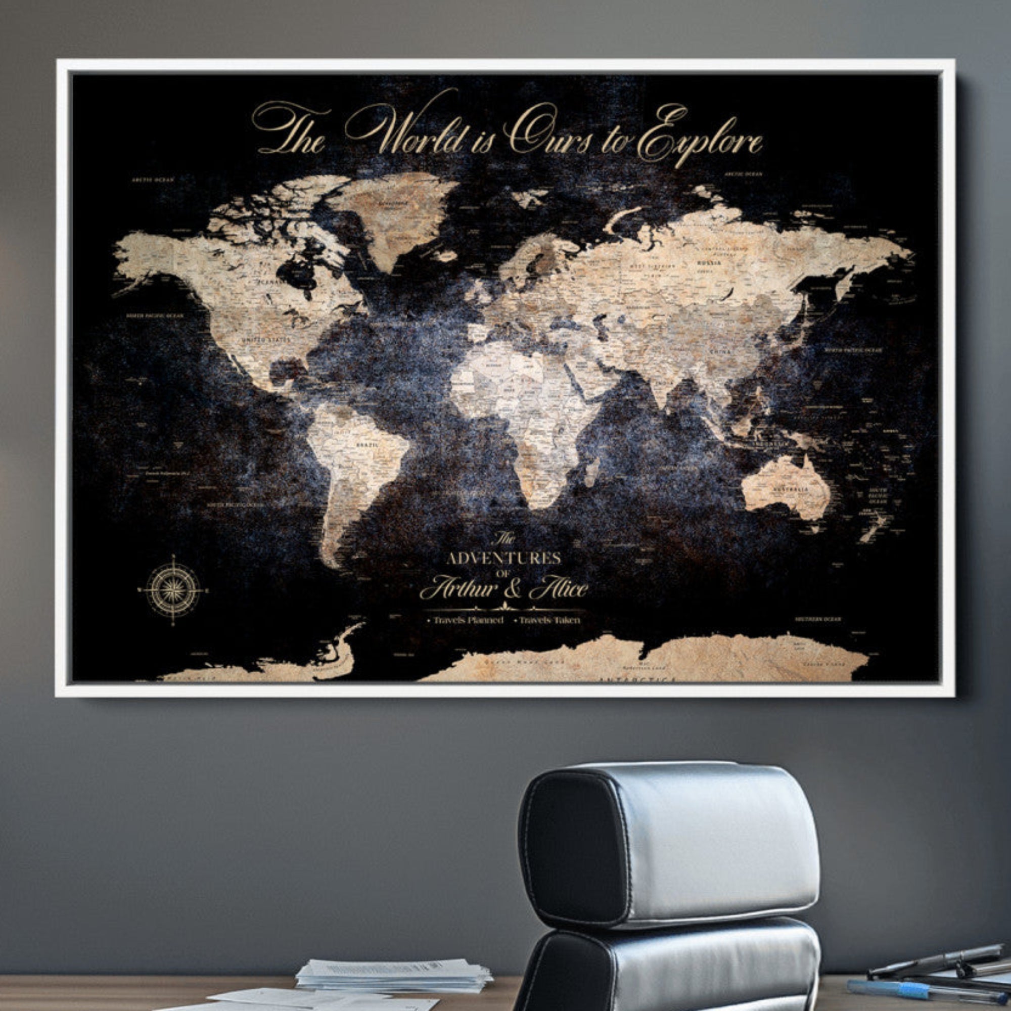 -Personalized Push Pin World Map Canvas Print Framed Custom Travel Tracker with 100 Pins Artwork for Home, Office