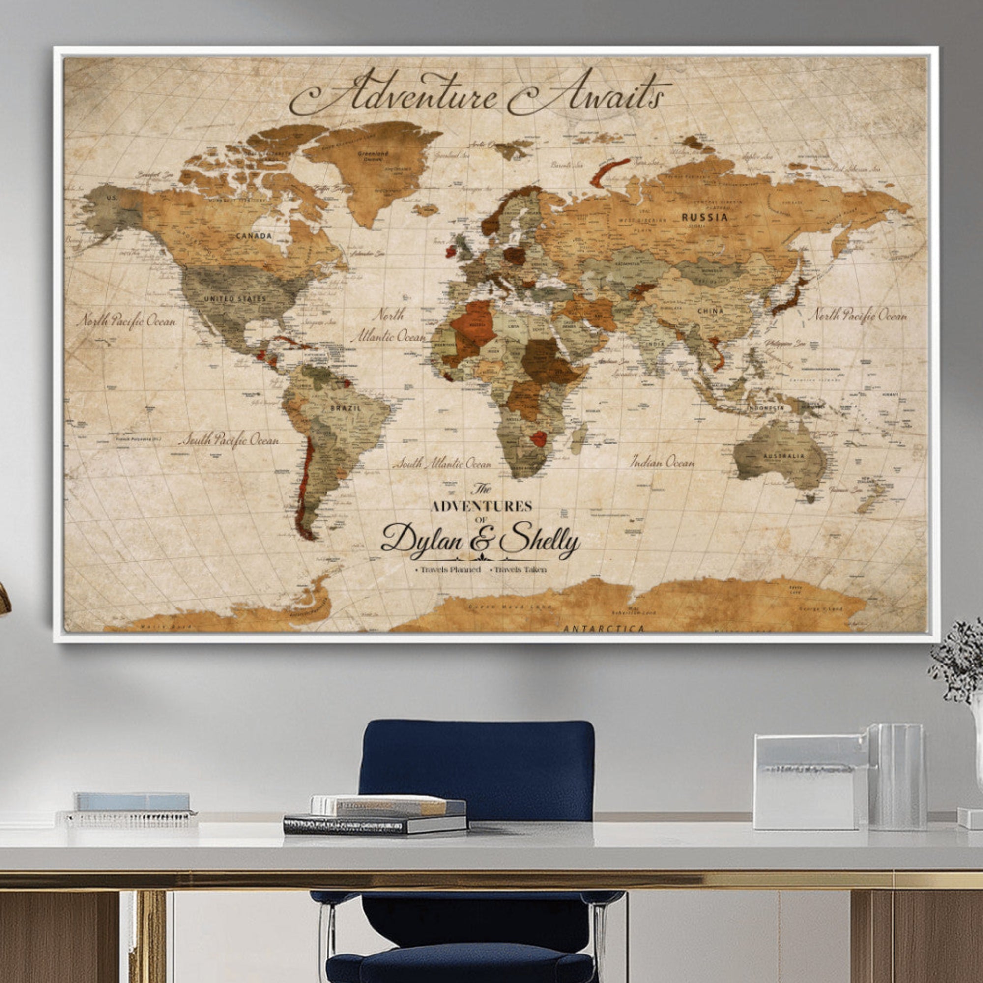Rehber01-MGV-CV-36X24-Personalized Push Pin World Map Canvas Print – Custom Adventure Travel Map, Framed Wall Art Gift for Couples or Family